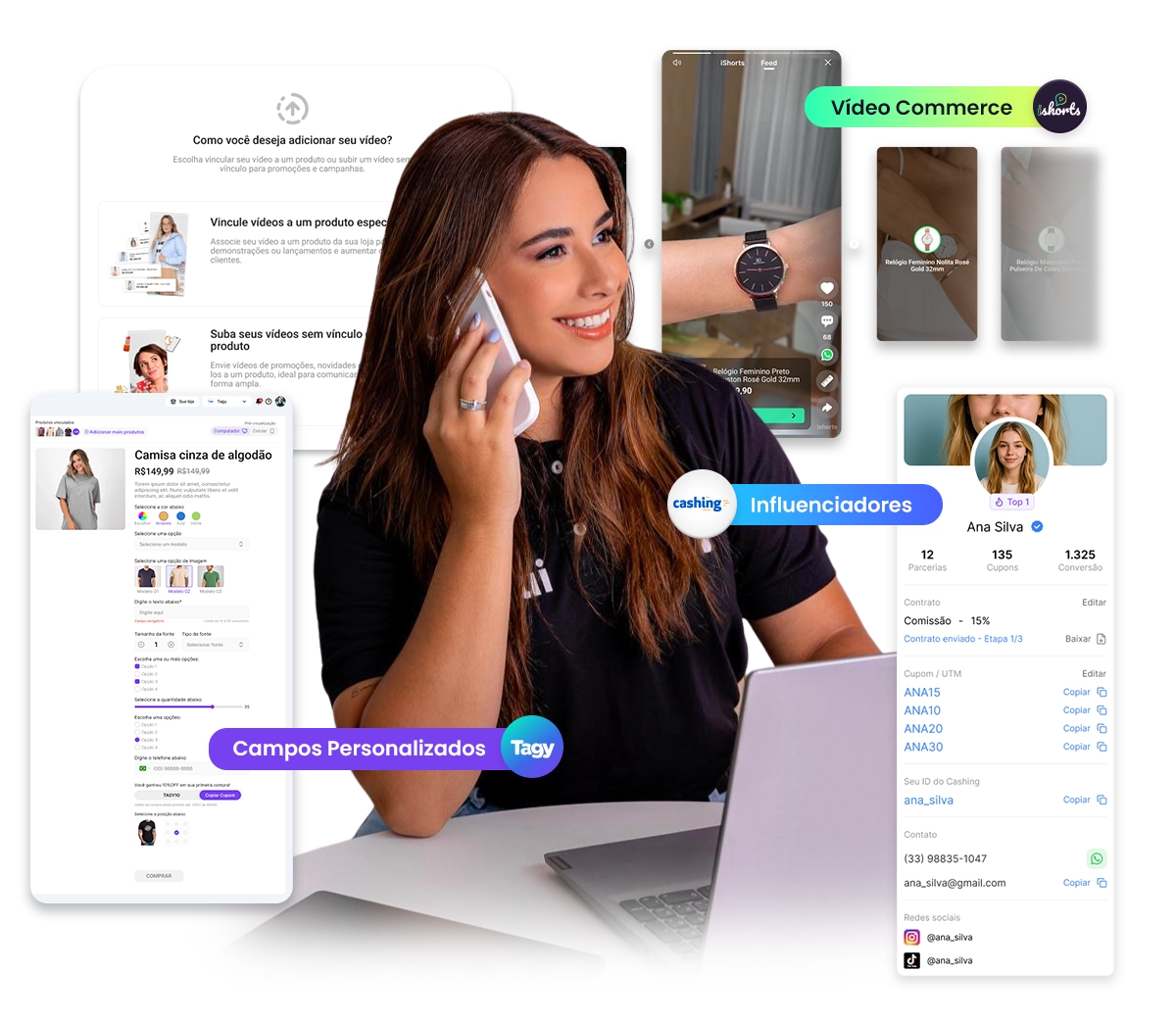 Mulher sorridente falando ao celular em frente a um notebook