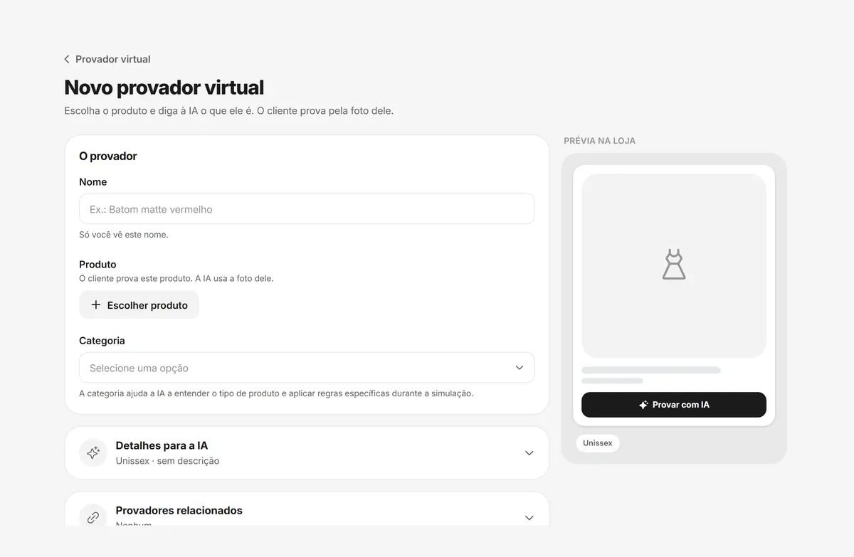 Cadastro de um novo provador virtual no painel da Mizui com nome, produto, categoria e prévia na loja