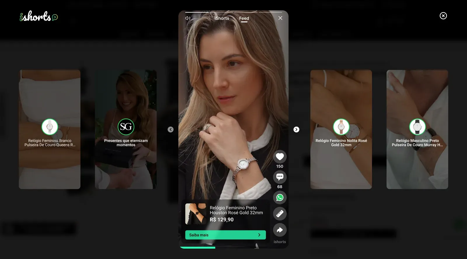 Feed de vídeos compráveis exibido na loja