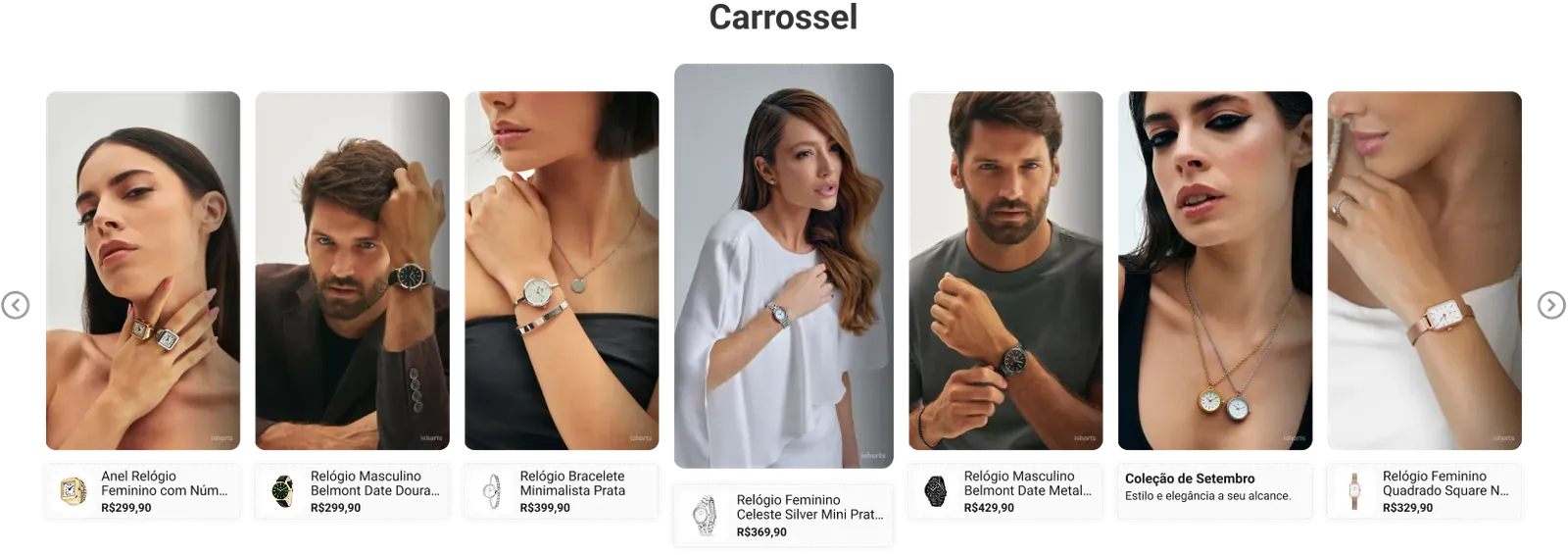 Carrossel de vídeos com nome e preço