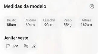 Tabela de medidas aberta dentro do vídeo